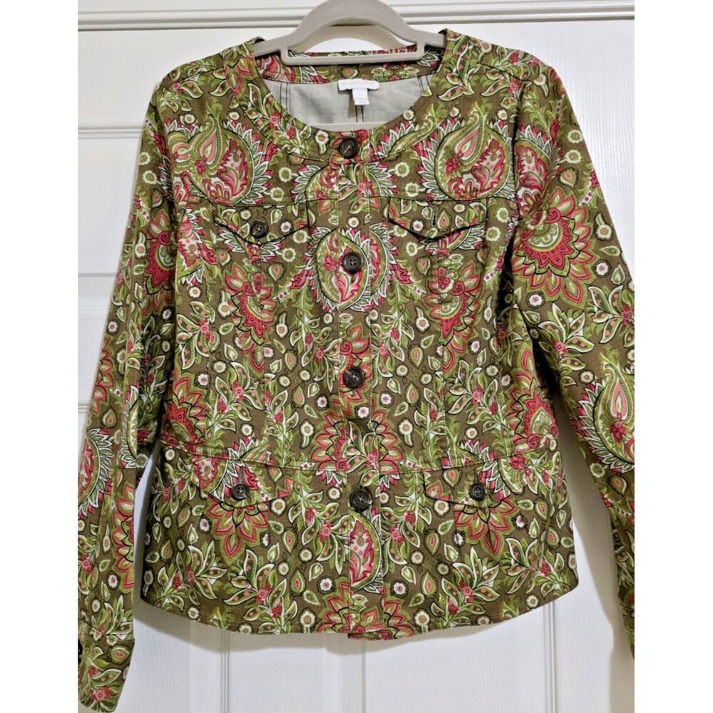 Charter Club Womens Floral Stretch Peplum Button Down Jacket EUC Size Large